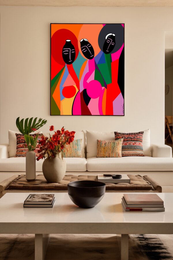 Illustration moderne de trois silhouettes féminines abstraites, aux formes géométriques et aux couleurs vibrantes, dans un cadre intérieur minimaliste.